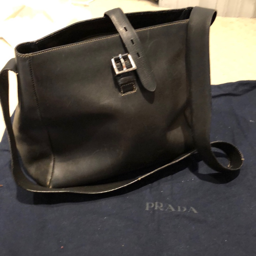 PRADA black leather shoulder bag w buckle closure